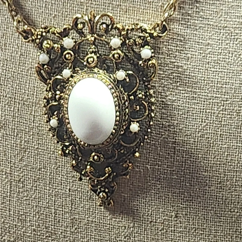 Vintage Gold Tone Filigree White Cabochon Victorian Revival Necklace